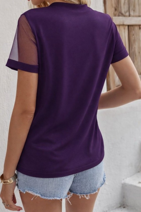 Kadın Kısa Kollu Tül Detaylı Taşlı Janjan Krep Bluz, 32525