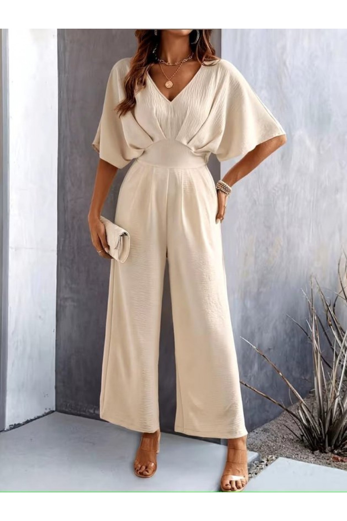 Kadın Kısa Kollu Kruvaze Yakalı önden Büzgülü Uzun Aerobin Tulum, 33295