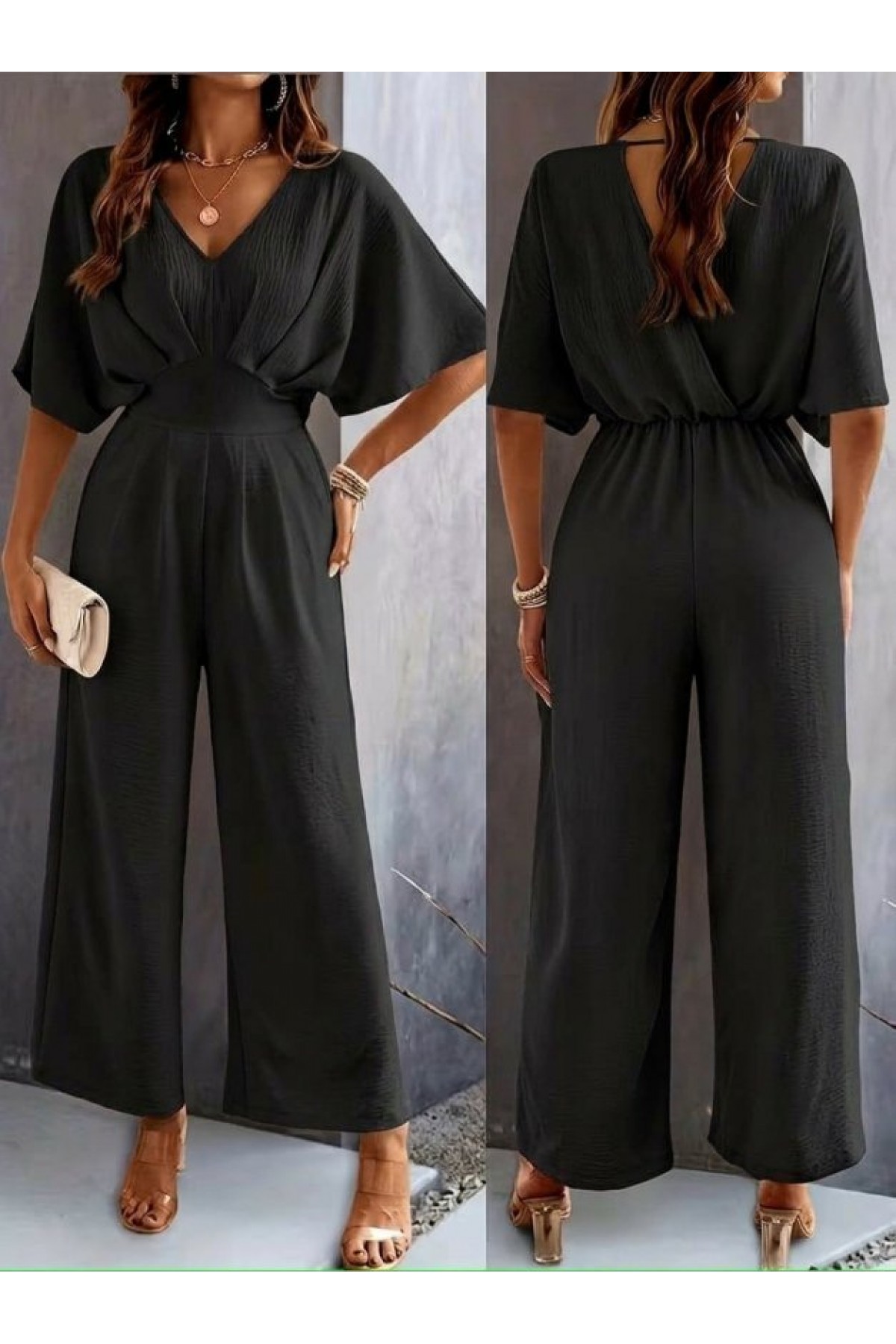 Kadın Kısa Kollu Kruvaze Yakalı önden Büzgülü Uzun Aerobin Tulum, 33293