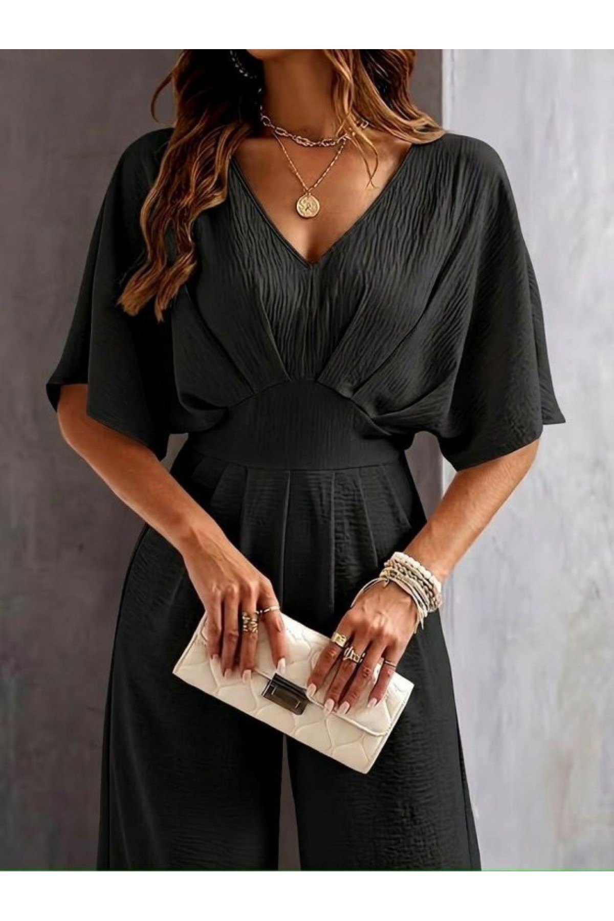 Kadın Kısa Kollu Kruvaze Yakalı önden Büzgülü Uzun Aerobin Tulum, 33293