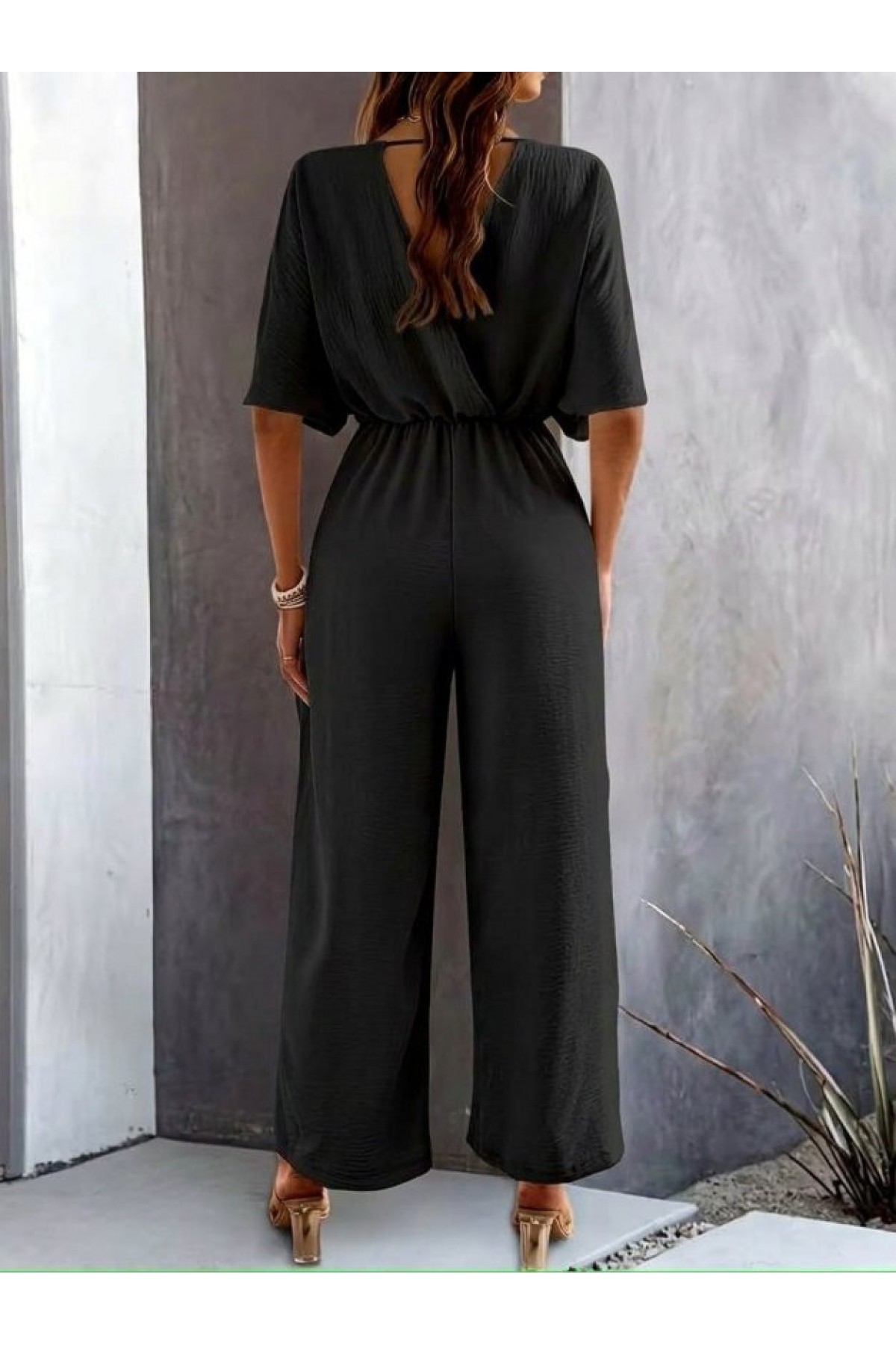 Kadın Kısa Kollu Kruvaze Yakalı önden Büzgülü Uzun Aerobin Tulum, 33293