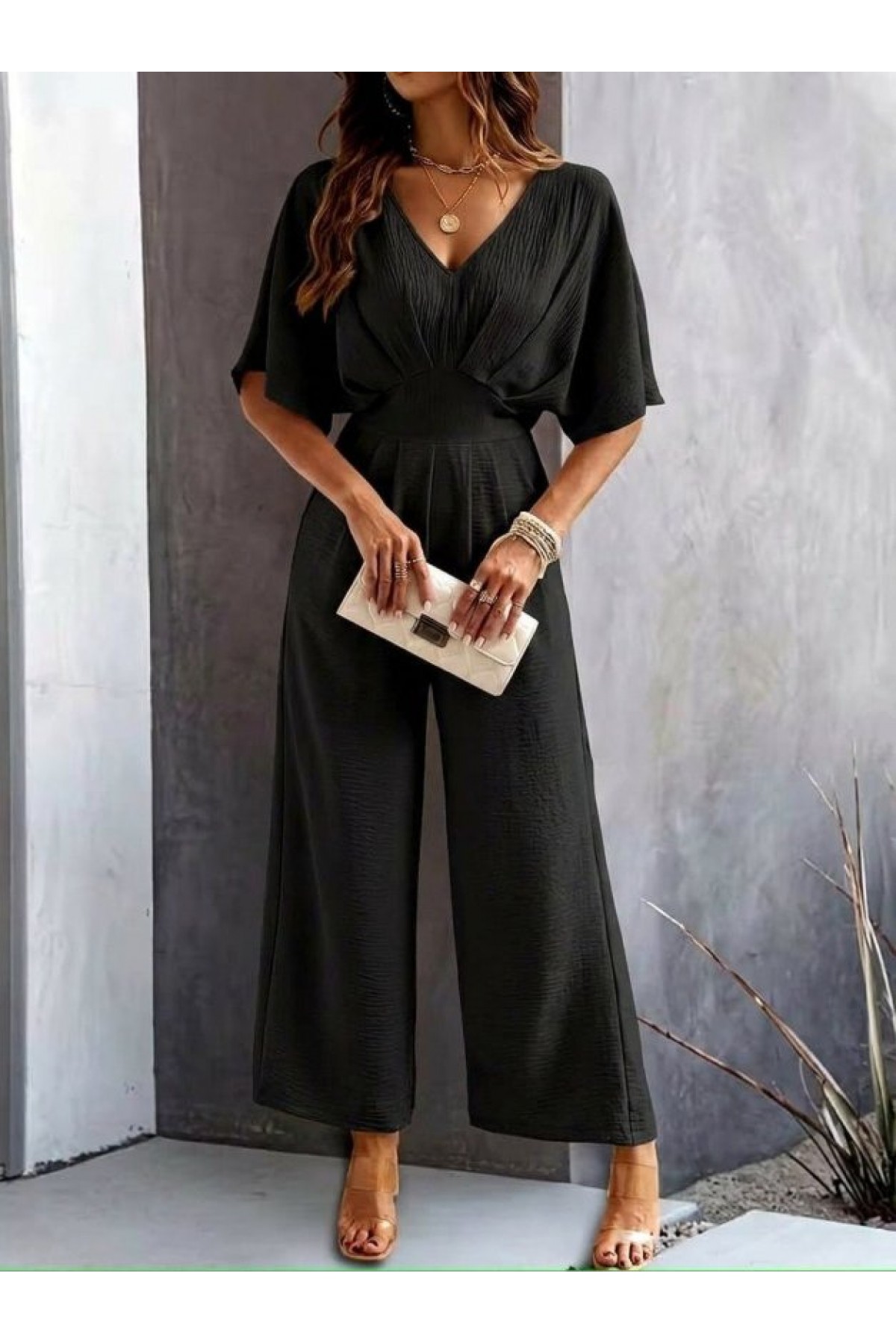 Kadın Kısa Kollu Kruvaze Yakalı önden Büzgülü Uzun Aerobin Tulum, 33293