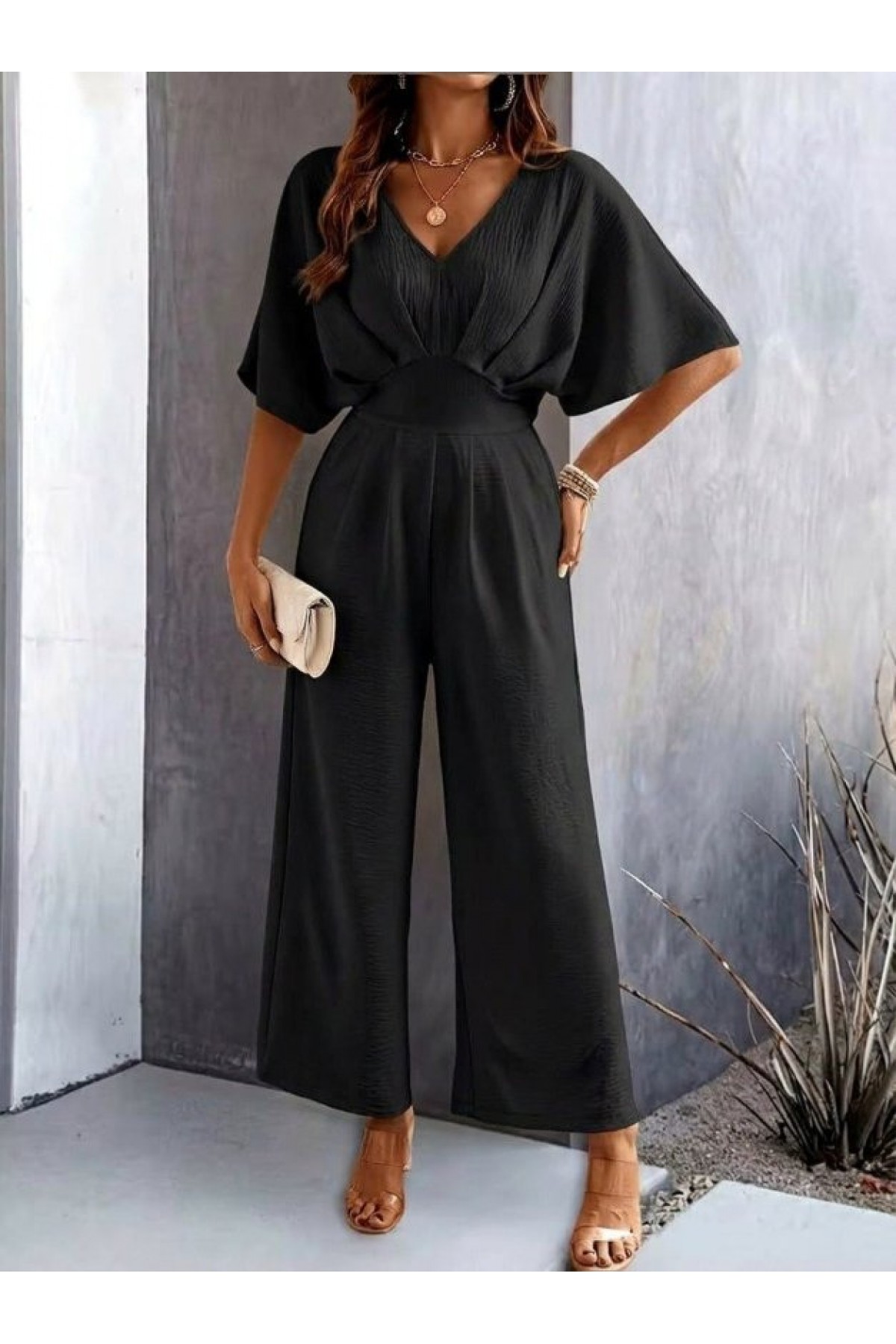 Kadın Kısa Kollu Kruvaze Yakalı önden Büzgülü Uzun Aerobin Tulum, 33293