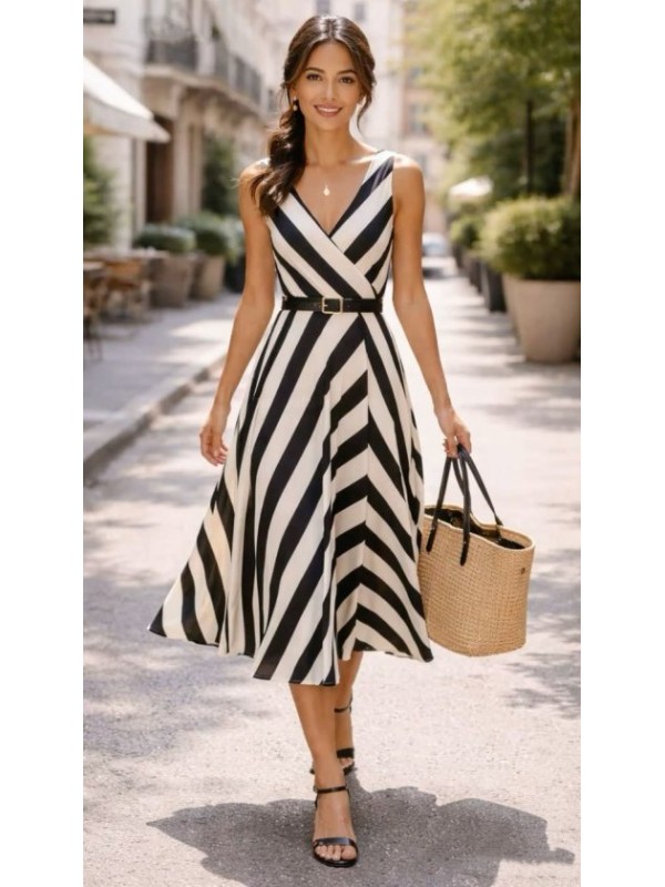 Kadın Askılı Kruvaze Yakalı Kemersiz çizgili Dalgıç Midi Elbise, 33856