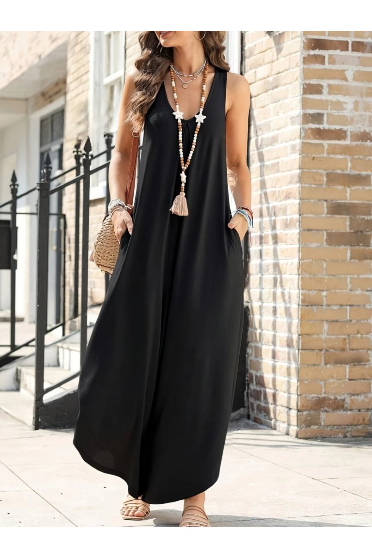 Women's Strappy Round Neck Pocketed Loose Long Viscose Jumpsuit, 25098