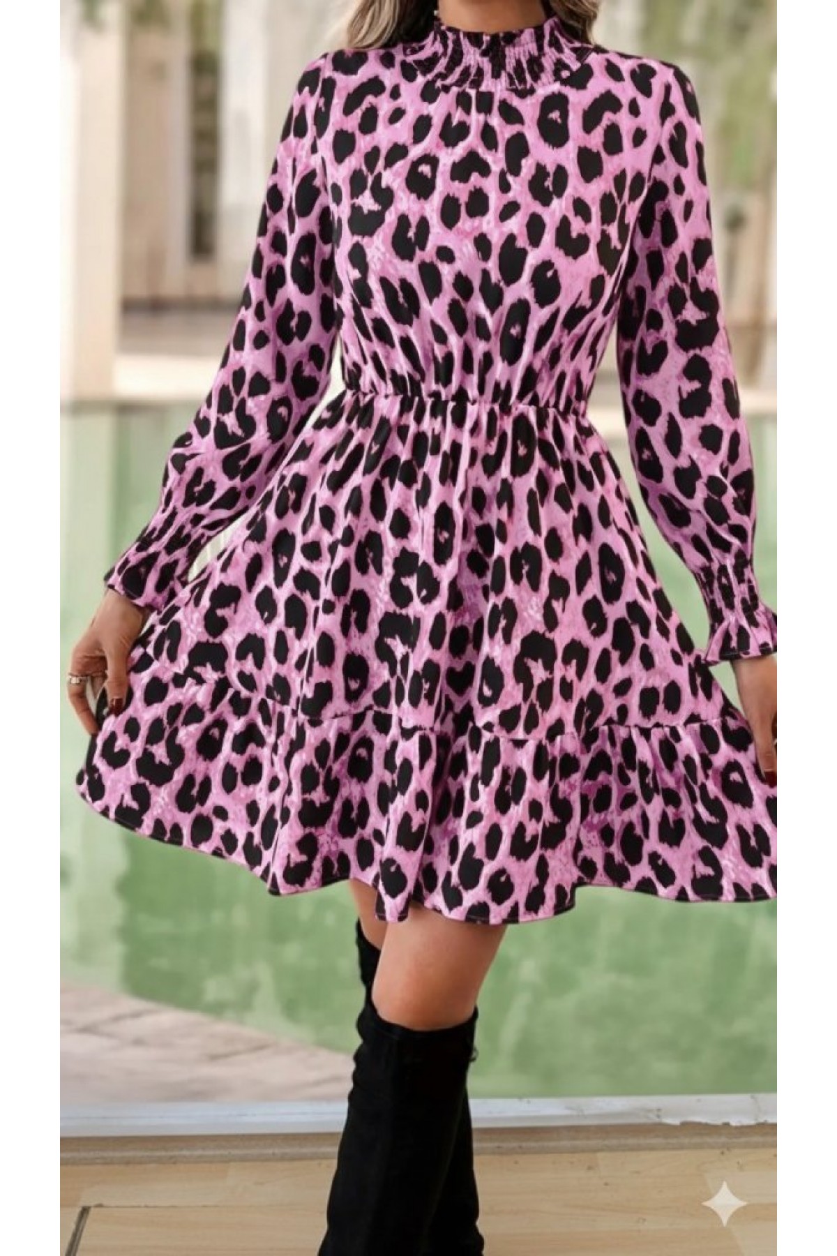 Kadın Uzun Kollu Yarı Balıkçı Yaka Leopar Desenli Modal Mini Elbise , 30841