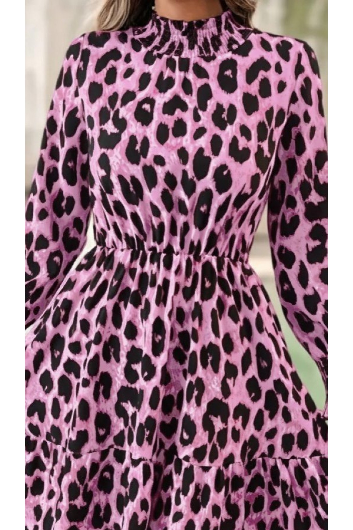 Kadın Uzun Kollu Yarı Balıkçı Yaka Leopar Desenli Modal Mini Elbise , 30841