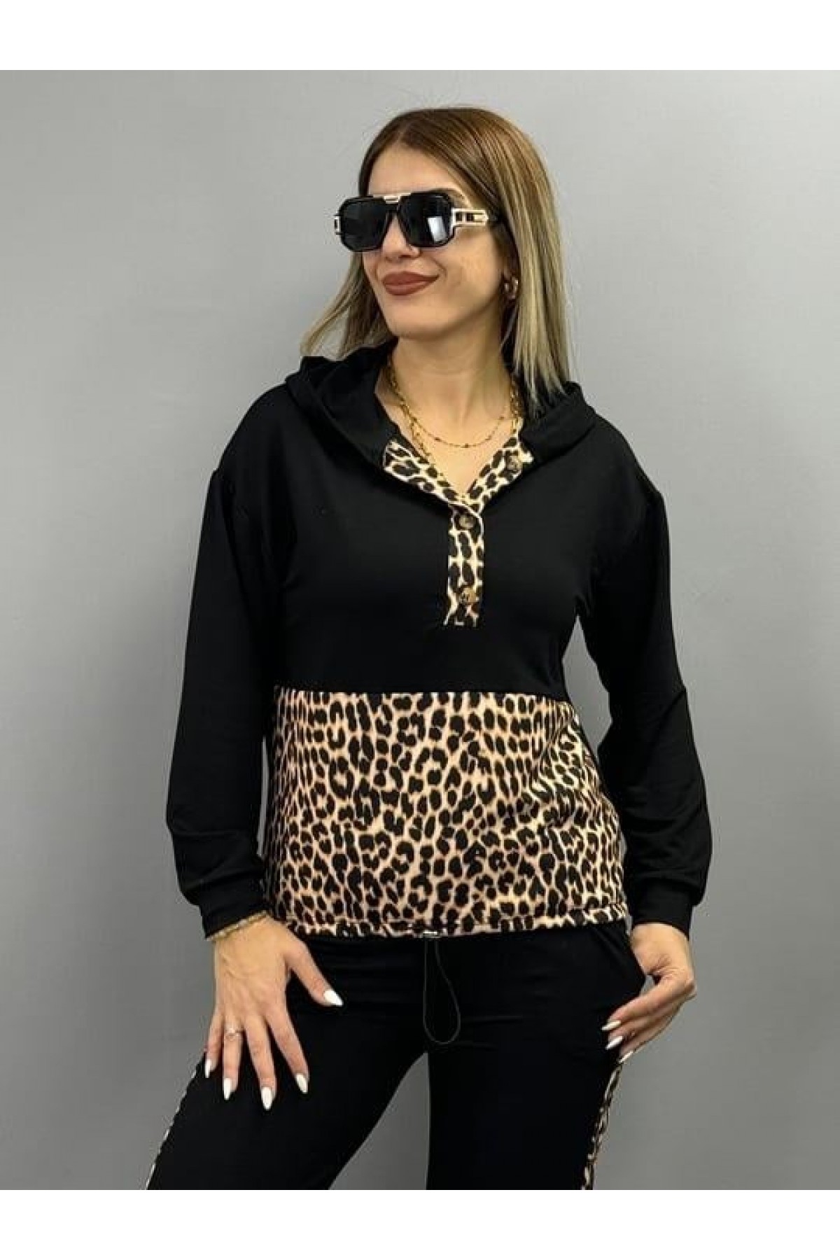 Kadın Uzun Kollu Kapşonlu Leopar Desen Detaylı Viskon Iki Iplik Bluz Ve Pantolon Ikili Takım, 21578
