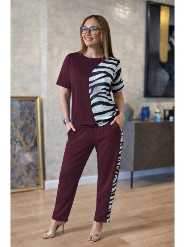 Kadın Kısa Kollu Bisiklet Yaka Zebra Desen Bluz Ve Pantolon Ikili Takım , 34729