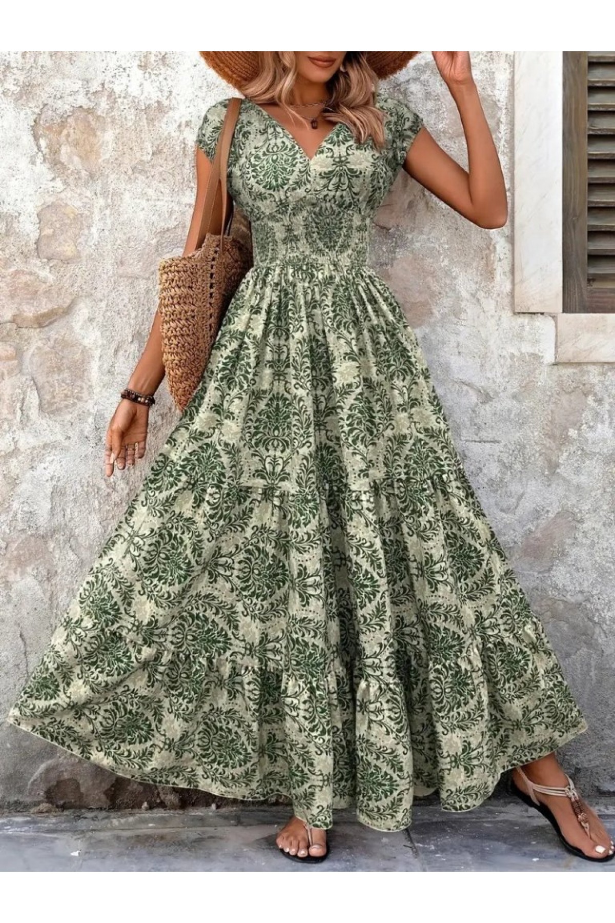 Kadın Kısa Kollu Kruvaze Yaka Beli Lastikli Süprem Maksi Boy Elbise, 34399