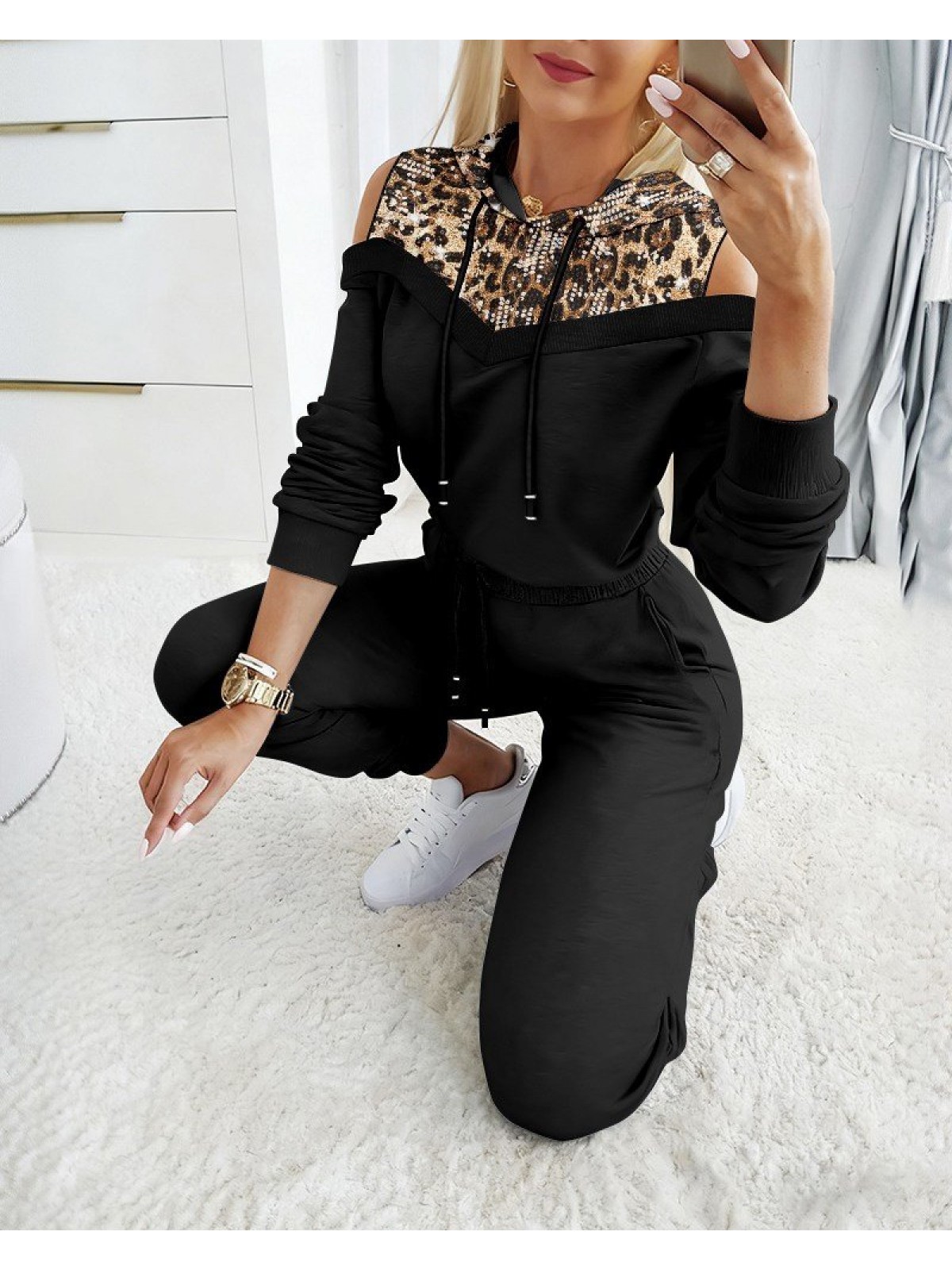 Kadın Uzun Kollu Omuzlardan Açık Leopar Desenli Kapşonlu Viskon Iki Iplik Bluz Ve Pantolon Ikili Takım , 30096