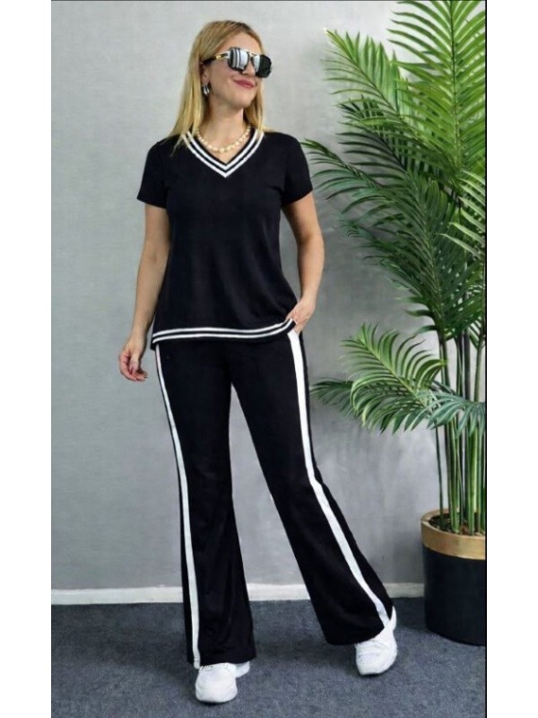 Kadın Kısa Kollu V Yakalı Viskon Iki Iplik Bluz Ve Pantolon Ikili Takım , 32557