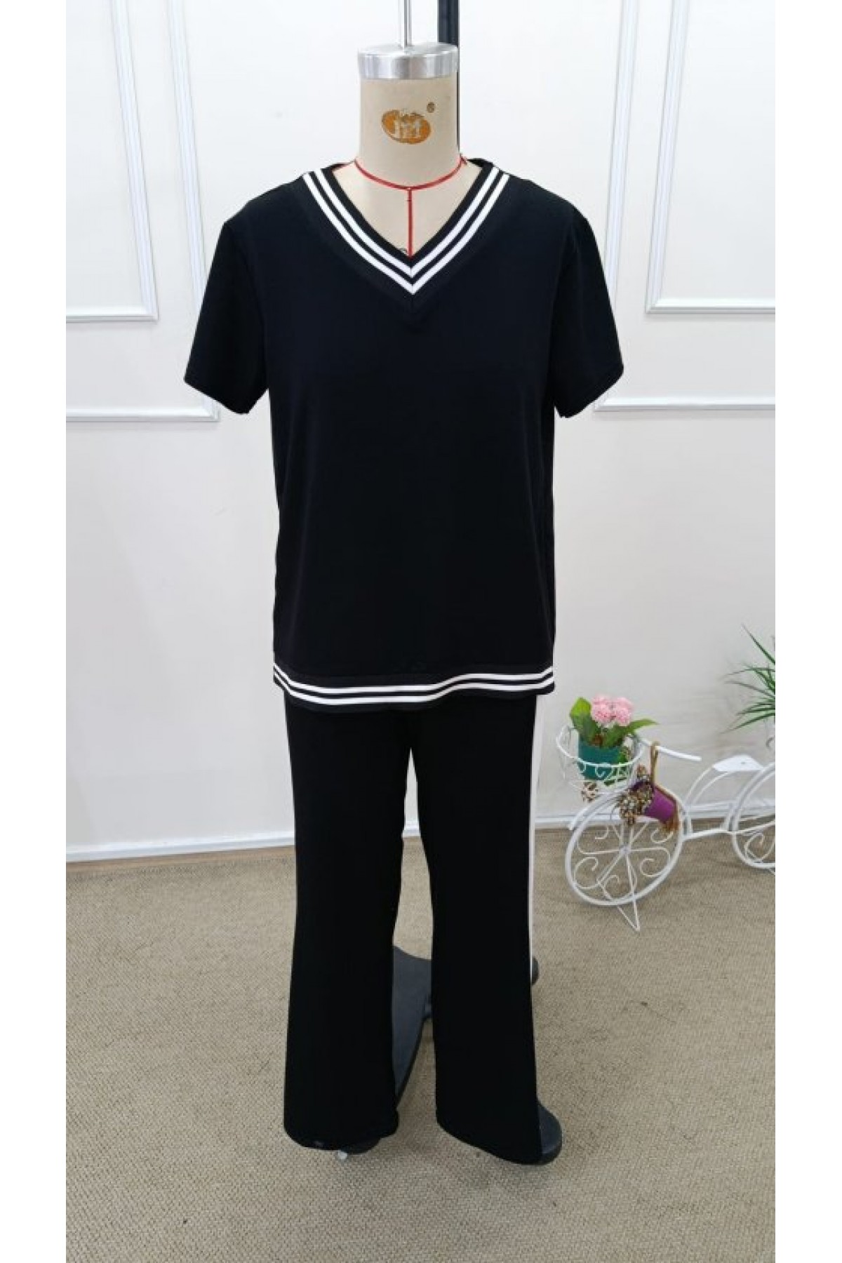 Kadın Kısa Kollu V Yakalı Viskon Iki Iplik Bluz Ve Pantolon Ikili Takım , 32557