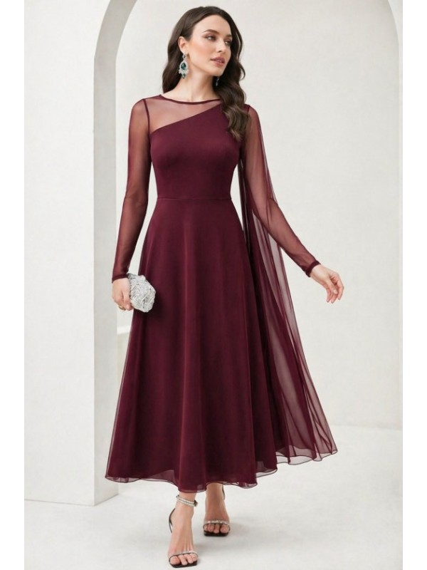 Kadın Uzun Kollu Yarı Balıkçı Yaka Tül Detaylı Uzun Sandy Elbise , 33665