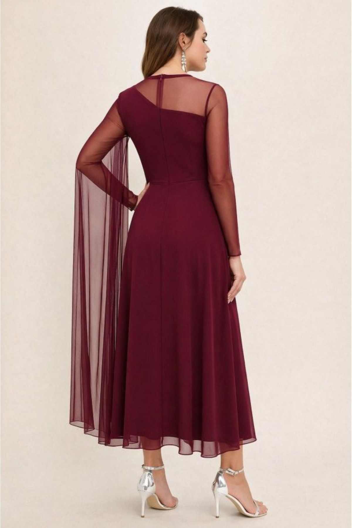 Kadın Uzun Kollu Yarı Balıkçı Yaka Tül Detaylı Uzun Sandy Elbise , 33665