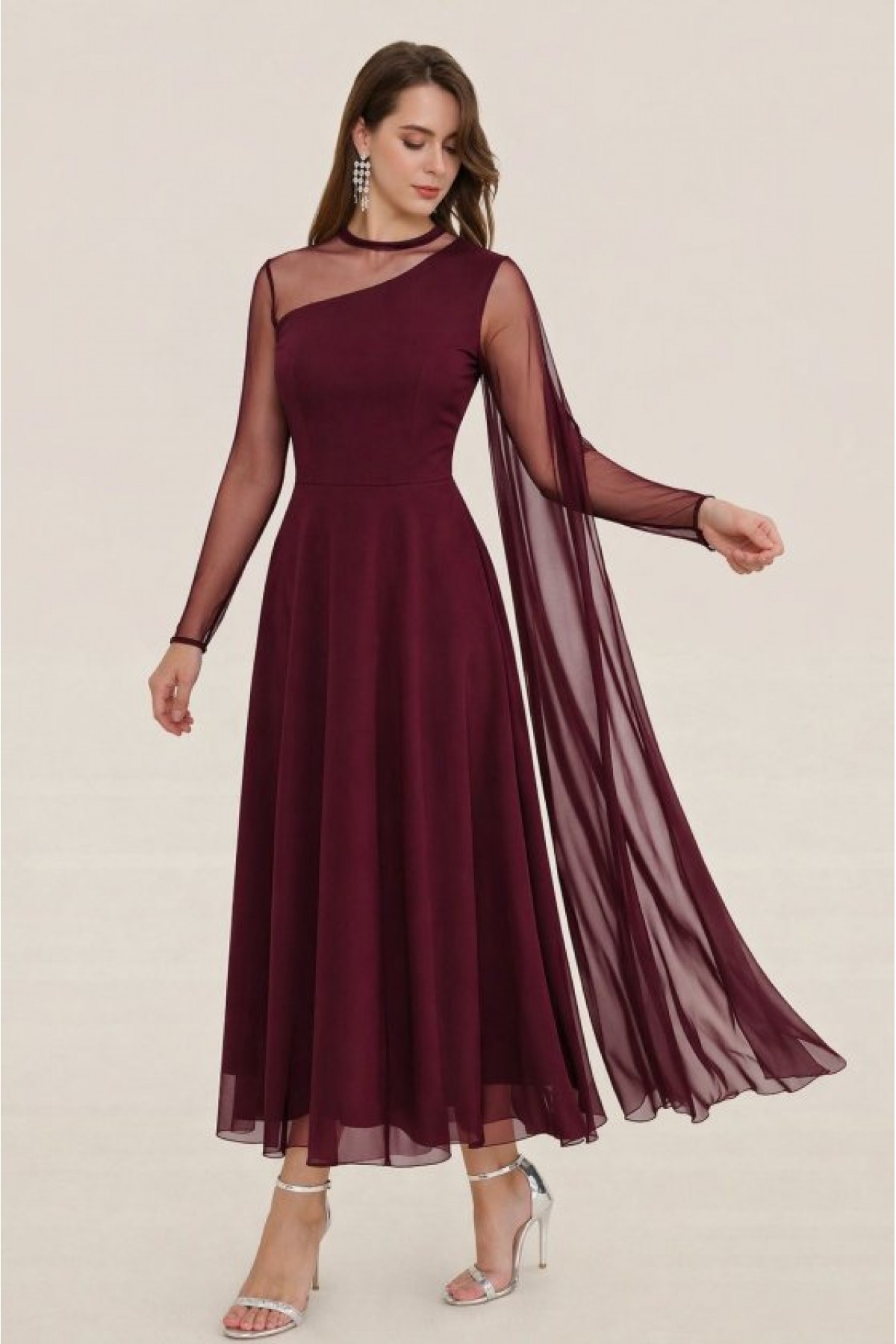 Kadın Uzun Kollu Yarı Balıkçı Yaka Tül Detaylı Uzun Sandy Elbise , 33665