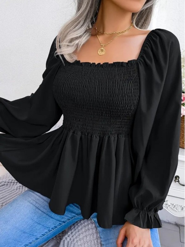 Women's Long Sleeve Geometric Collar Crepe Detailed Blouse, 29482