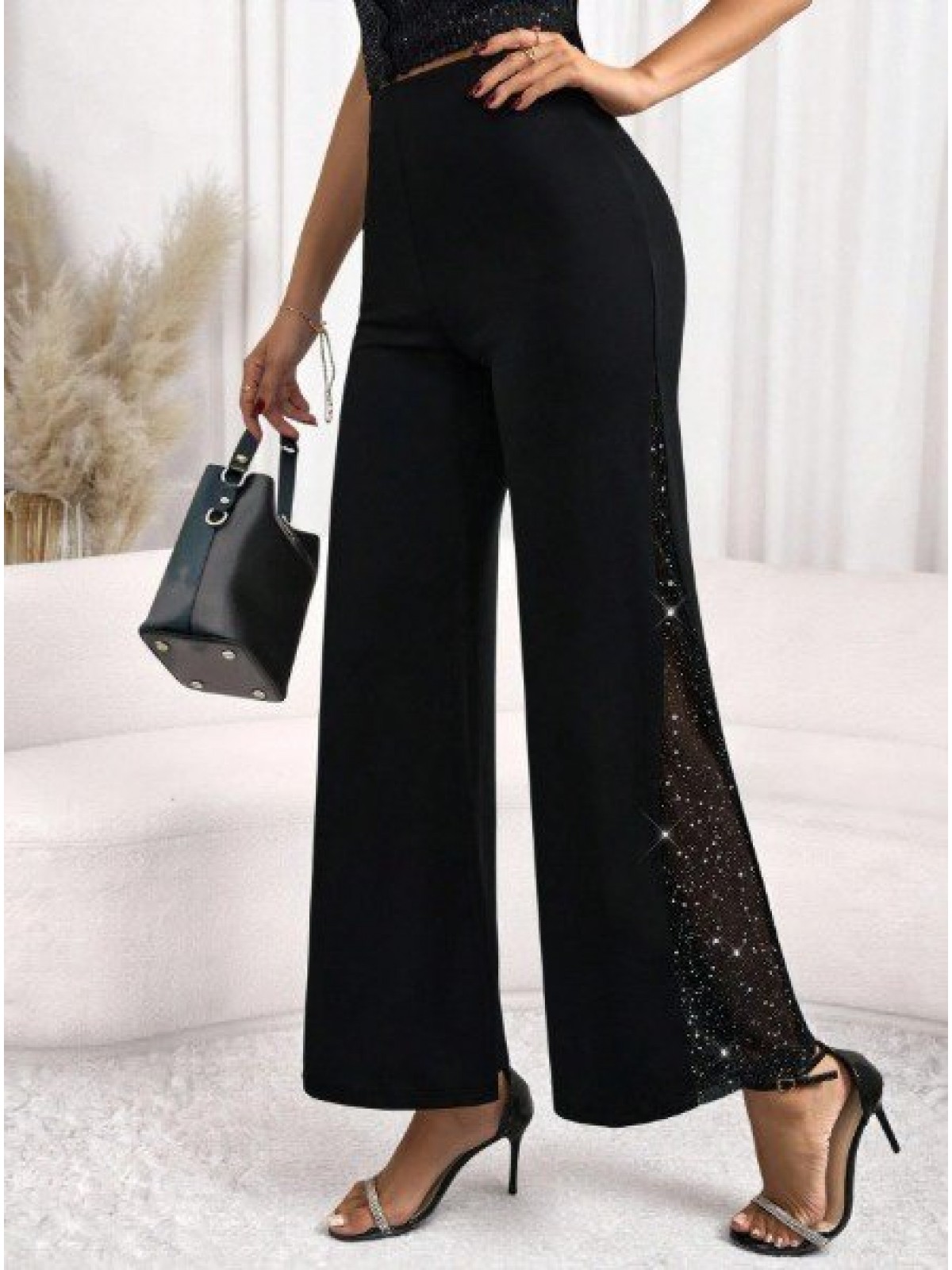 Kadın Yüksek Bel Yanlardan Tül Detaylı Ithal Krep Pantolon , 29964