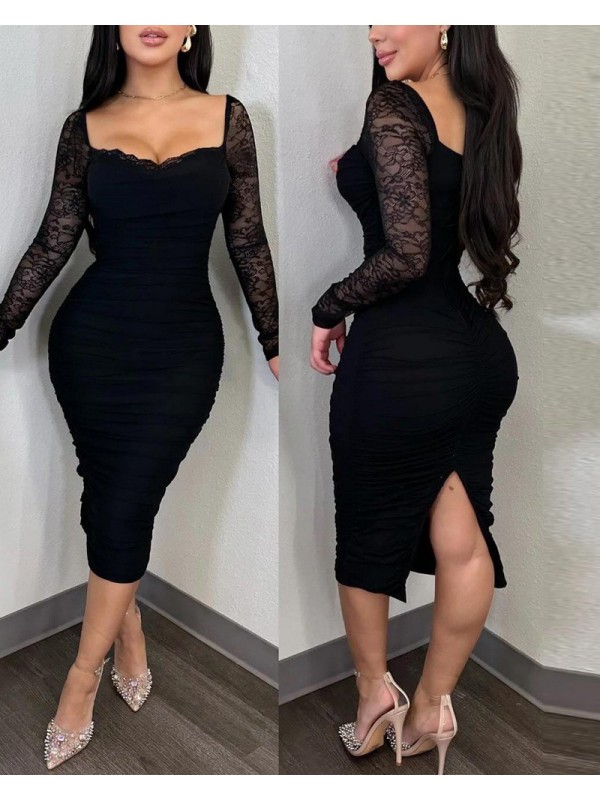 Kadın Uzun Kollu Dantelli Büzgü Detaylı Yırtmaçlı Midi Sandy Elbise , 31024