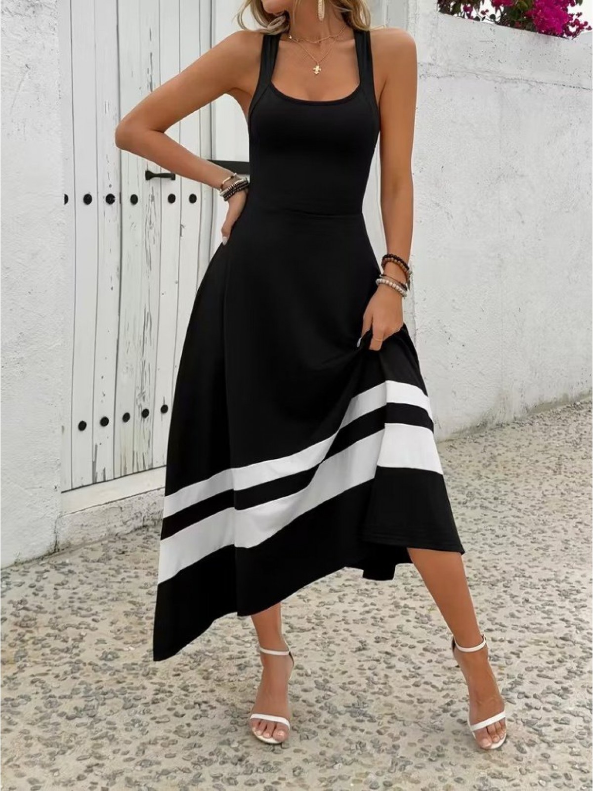 Kadın Askılı Yuvarlak Yaka Asimetrik şerit Detaylı Uzun Viskon Elbise, 31048