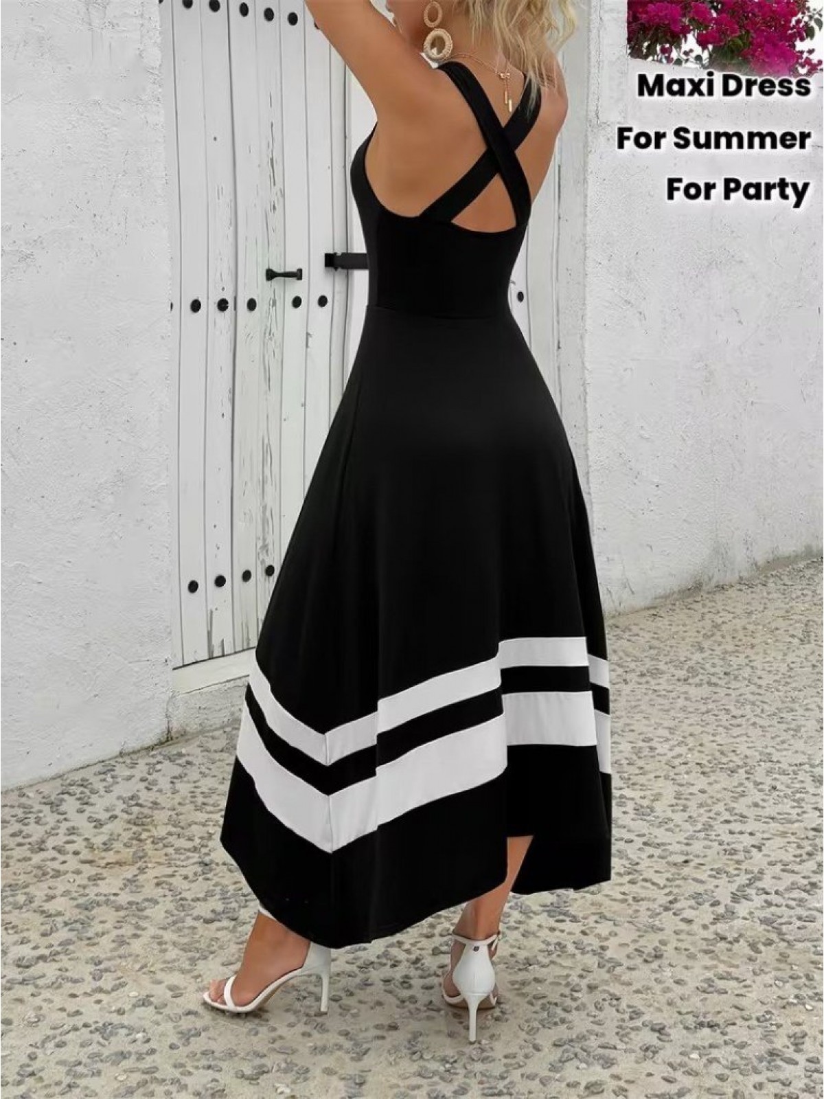 Kadın Askılı Yuvarlak Yaka Asimetrik şerit Detaylı Uzun Viskon Elbise, 31048