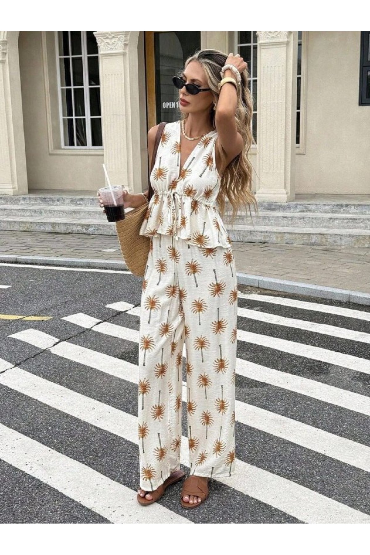 Kadın Askılı V Yakalı Belden Bağlamalı Desenli Bluz Ve Pantolon Ikili Takım, 33228