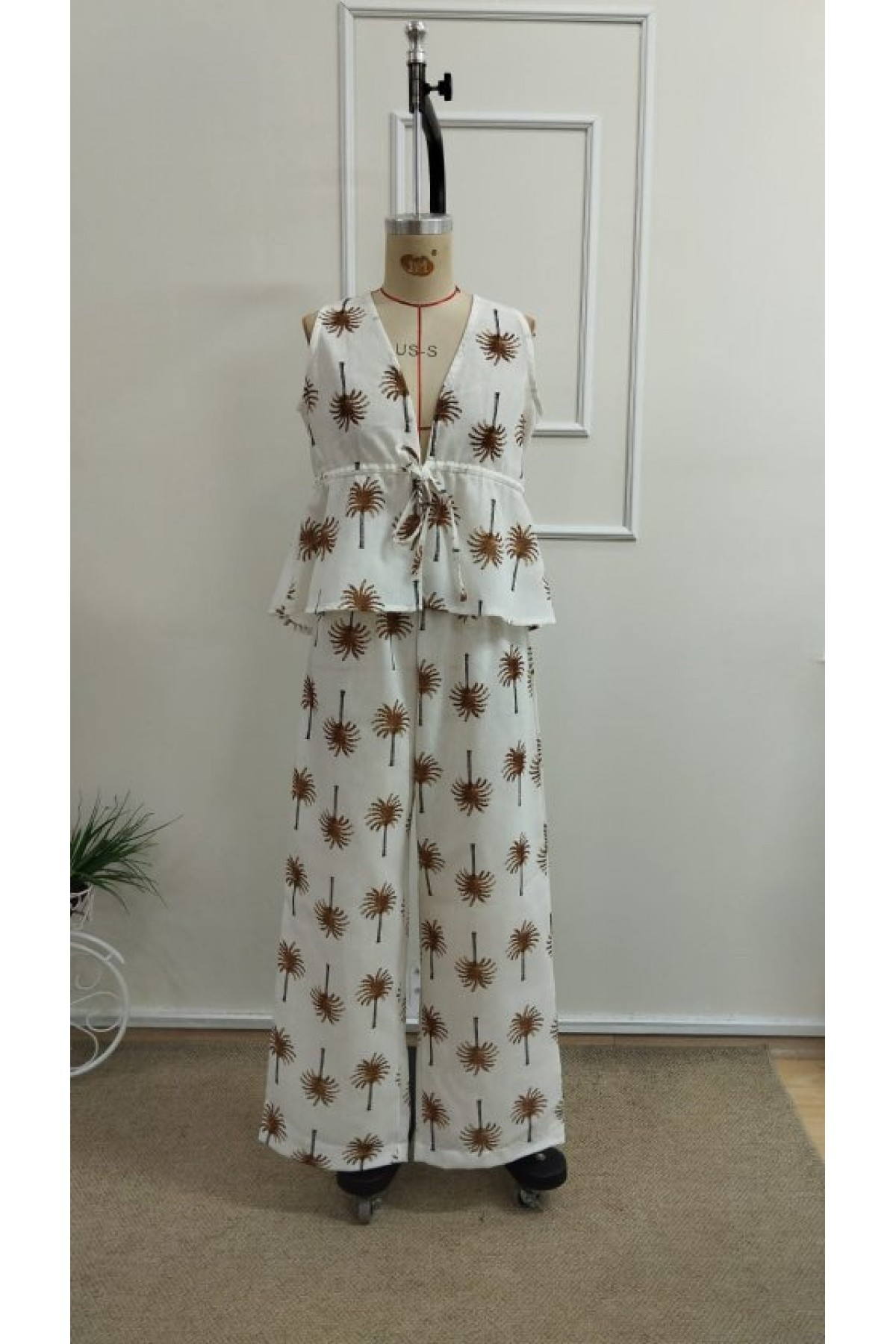 Kadın Askılı V Yakalı Belden Bağlamalı Desenli Bluz Ve Pantolon Ikili Takım, 33228