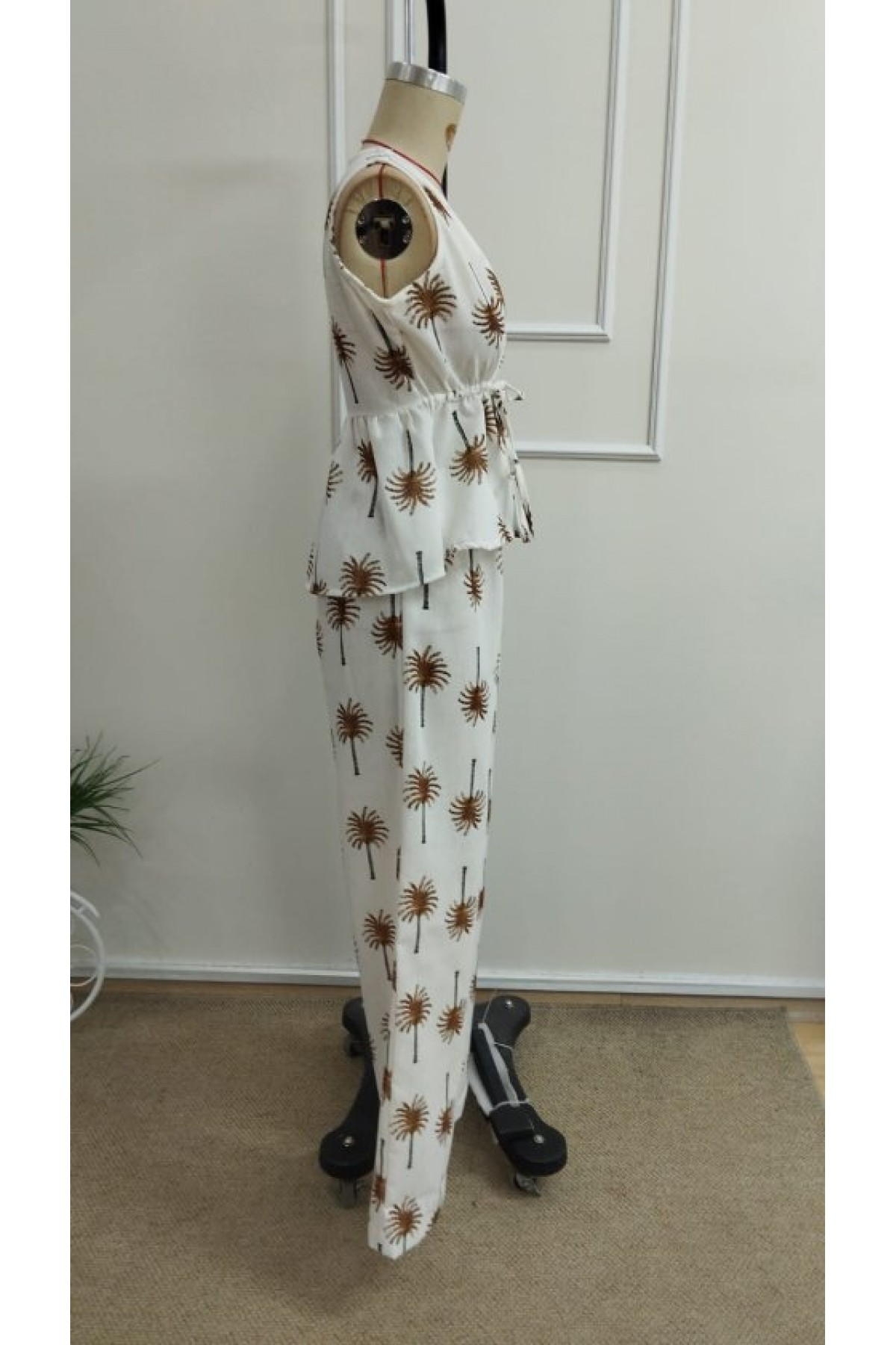 Kadın Askılı V Yakalı Belden Bağlamalı Desenli Bluz Ve Pantolon Ikili Takım, 33228