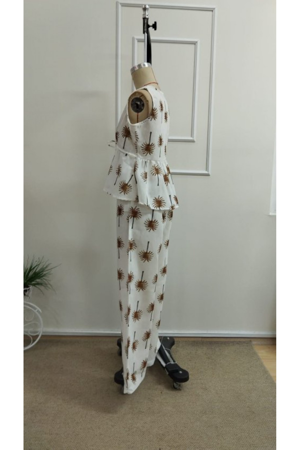 Kadın Askılı V Yakalı Belden Bağlamalı Desenli Bluz Ve Pantolon Ikili Takım, 33228