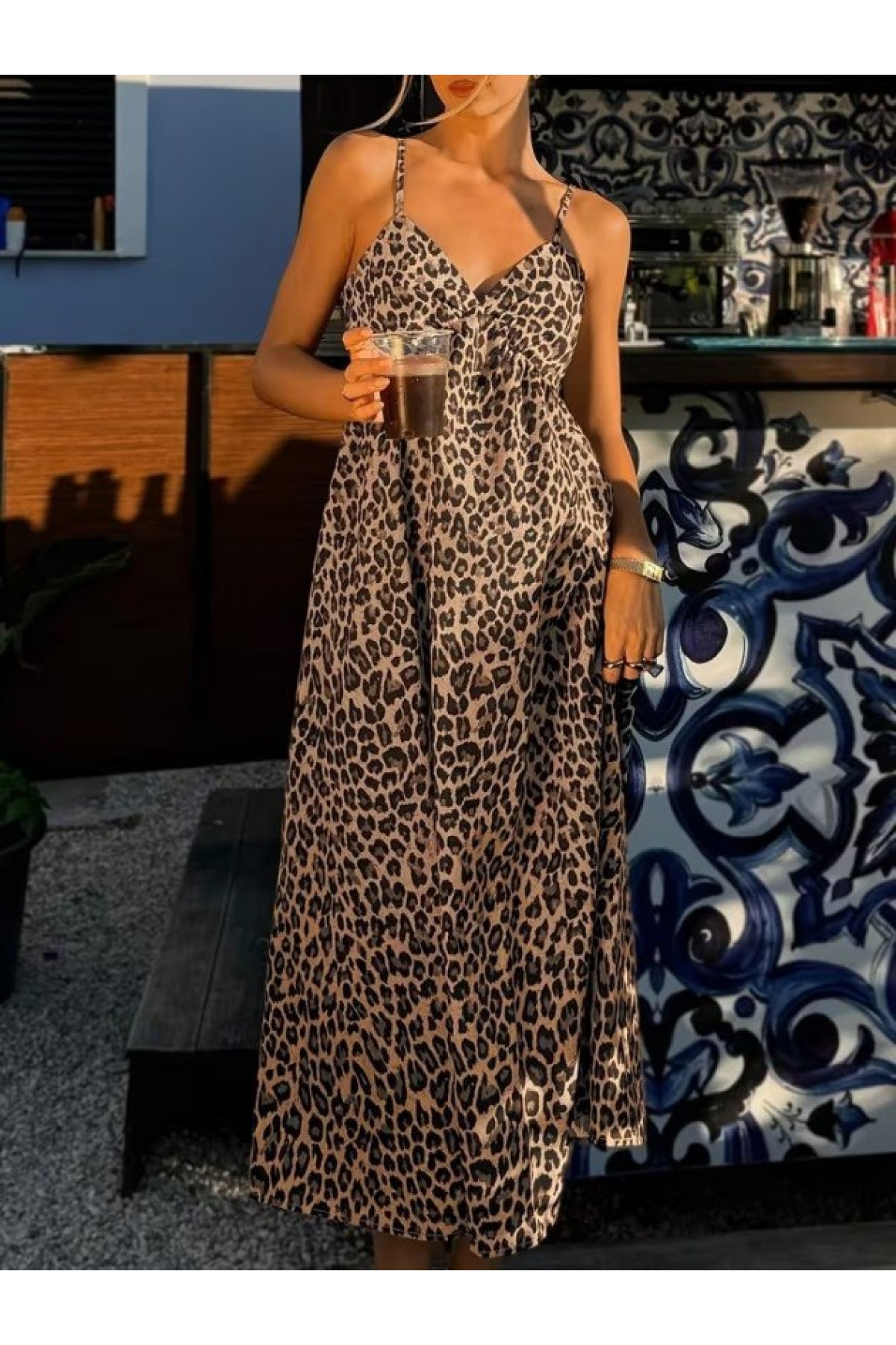 Kadın Ip Askılı V Yakalı Uzun Desenli Süprem Elbise, 33539