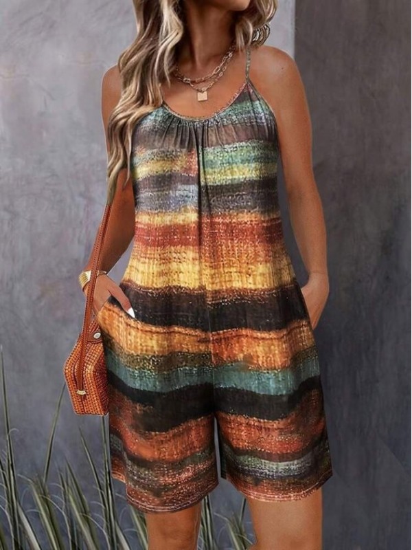 Kadın Ip Askılı Yuvarlak Yakalı Cepli Desenli Kısa Süprem Tulum, 33333