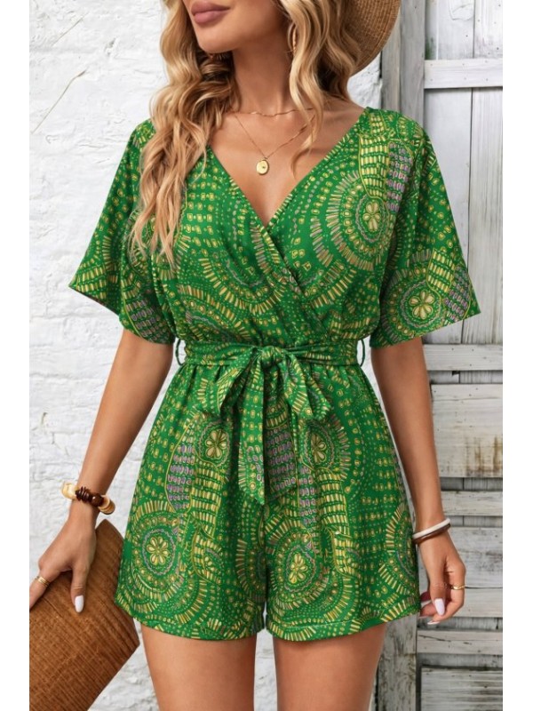 Kadın Kısa Kollu Kruvaze Yakalı Belden Kuşaklı Desenli Kısa Süprem Tulum, 33084