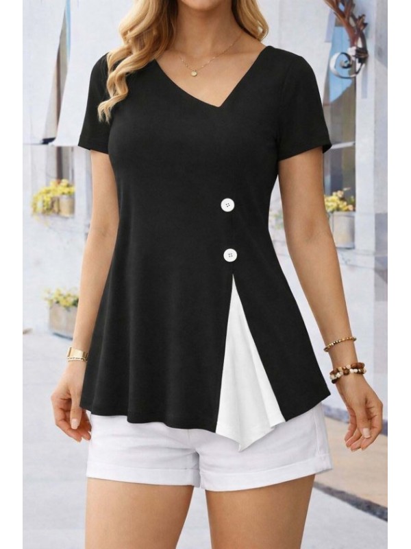 Kadın Kısa Kollu Asimetrik V Yakalı Düğme Detaylı Viskon Bluz , 33343