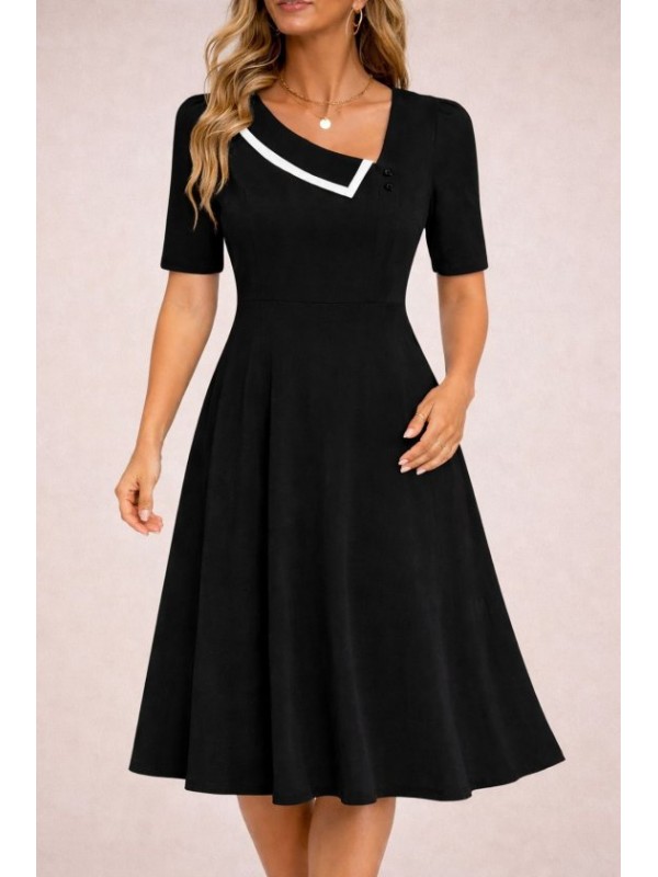 Kadın Kısa Kollu Asimetrik Yaka Detaylı Midi Janjan Krep Elbise, 33839