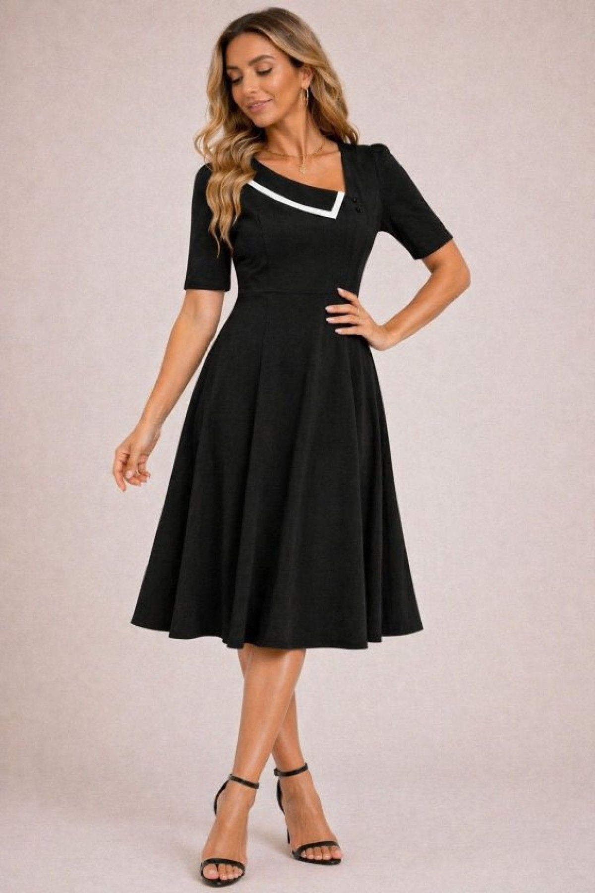 Kadın Kısa Kollu Asimetrik Yaka Detaylı Midi Janjan Krep Elbise, 33839