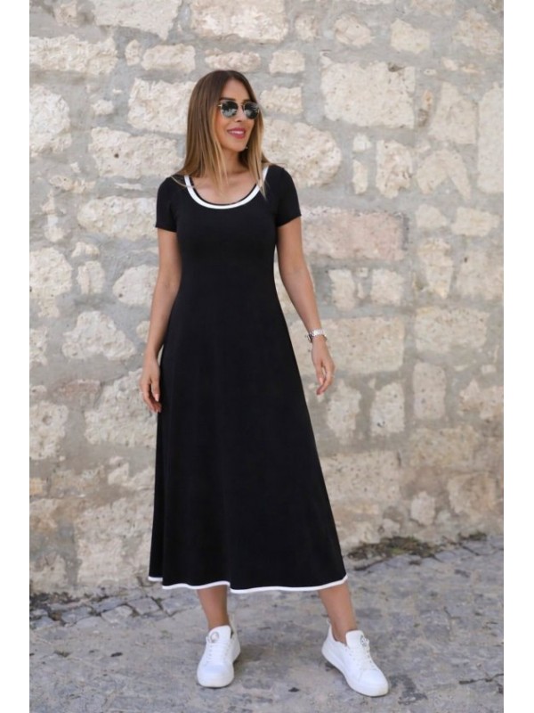 Kadın Kısa Kollu Yuvarlak Yakalı Yakası Renkli Kiloş Midi Viskon Elbise, 33851