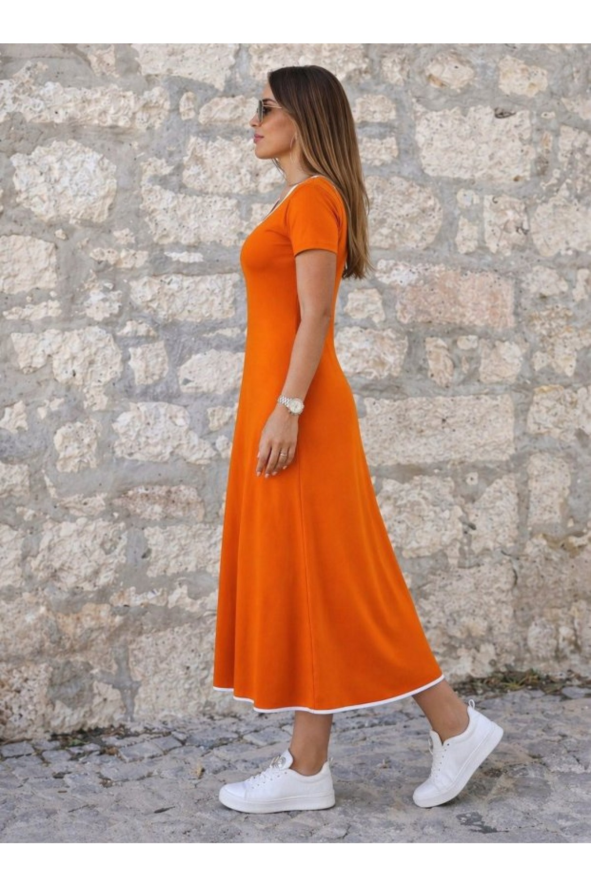 Kadın Kısa Kollu Yuvarlak Yakalı Yakası Renkli Kiloş Midi Viskon Elbise, 33853