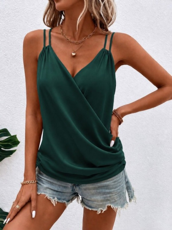 Kadın Askılı Kruvaze Yakalı Pile Detaylı Sandy Bluz, 35840