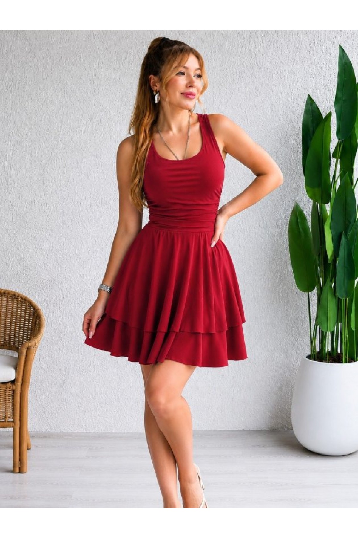 Kadın Askılı Yuvarlak Yakalı Fırfırlı Kısa Sandy Elbise, 34594