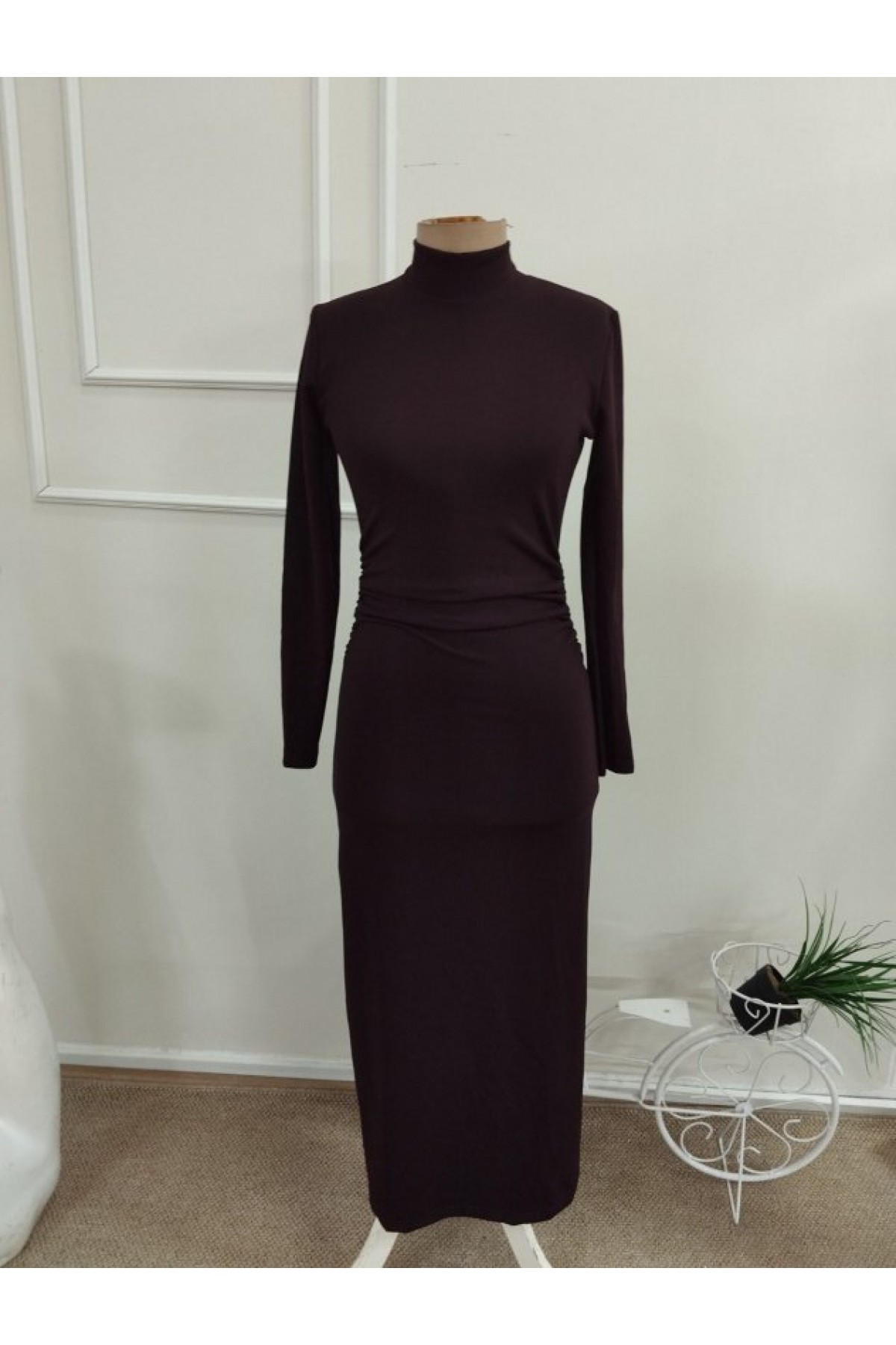 Kadın Uzun Kollu Balıkçı Yakalı Beli Büzgülü Uzun Modal Elbise, 38876