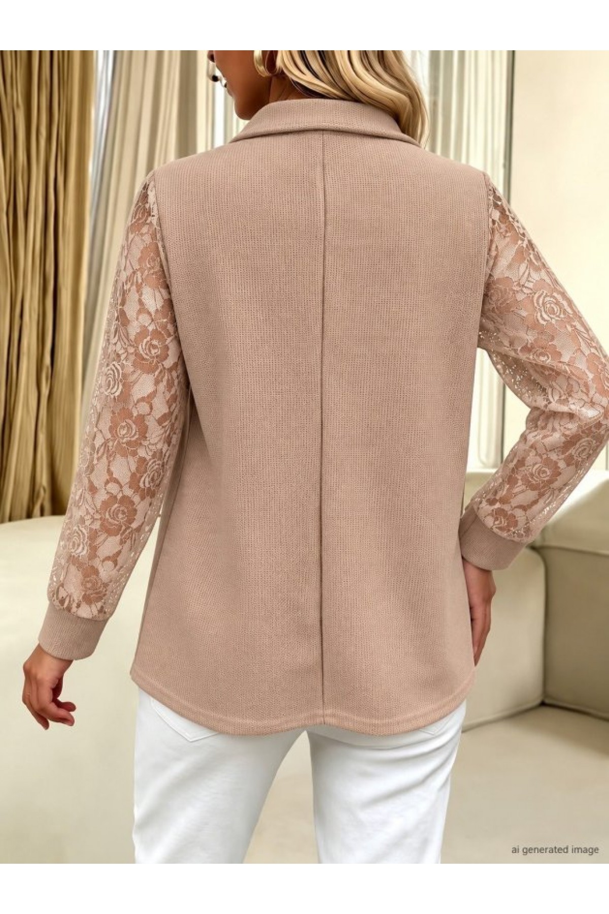 Kadın Uzun Kollu Yakalı Dantelli Waffle Bluz, 39264