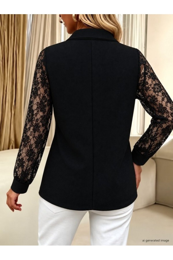 Kadın Uzun Kollu Yakalı Dantelli Waffle Bluz, 39263