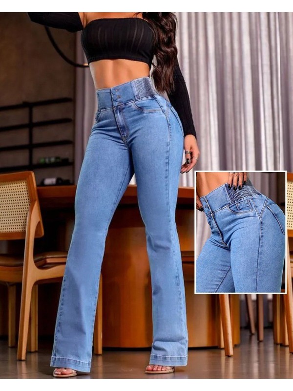 Kadın Yüksek Bel Yanları Lastik önü Düğmeli Kot Pantolon , 32826