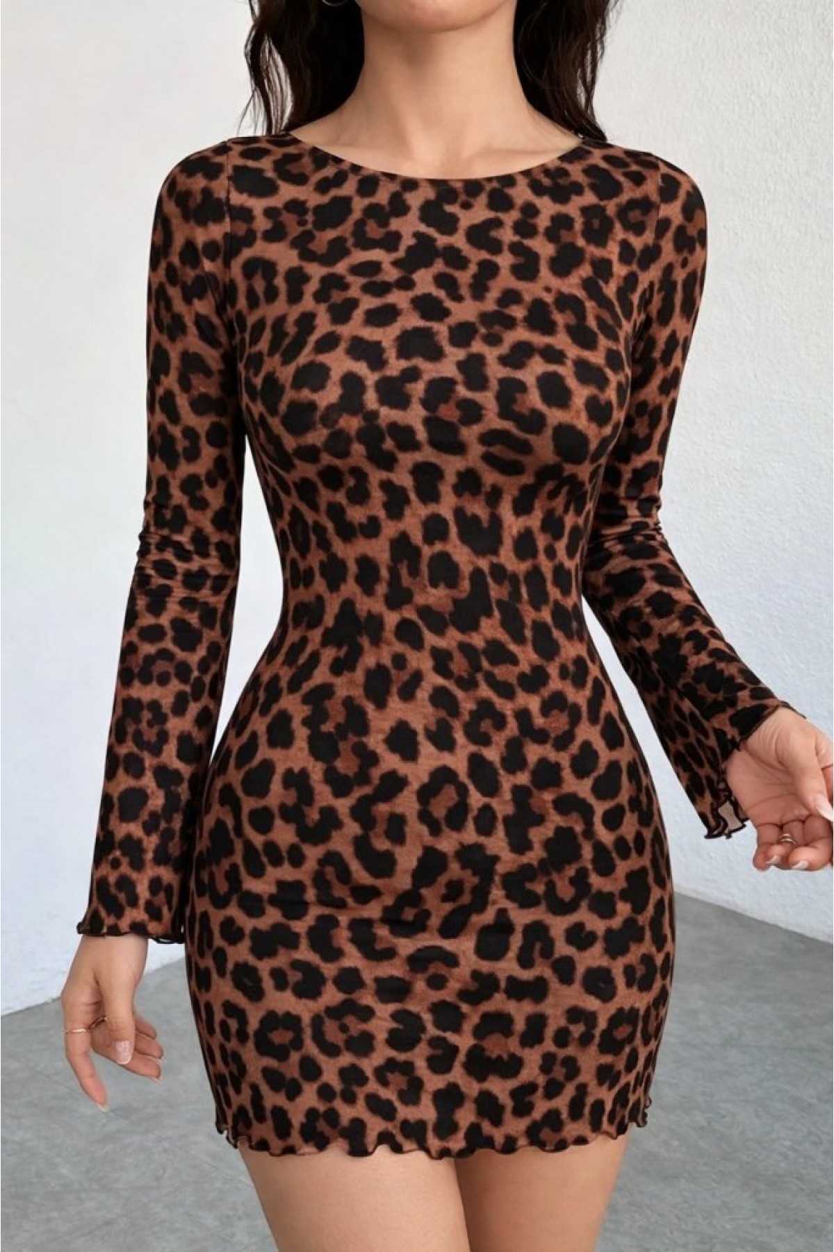 Kadın Uzun Kollu Bisiklet Yaka Leopar Desenli Dalgıç Mini Elbise , 30967