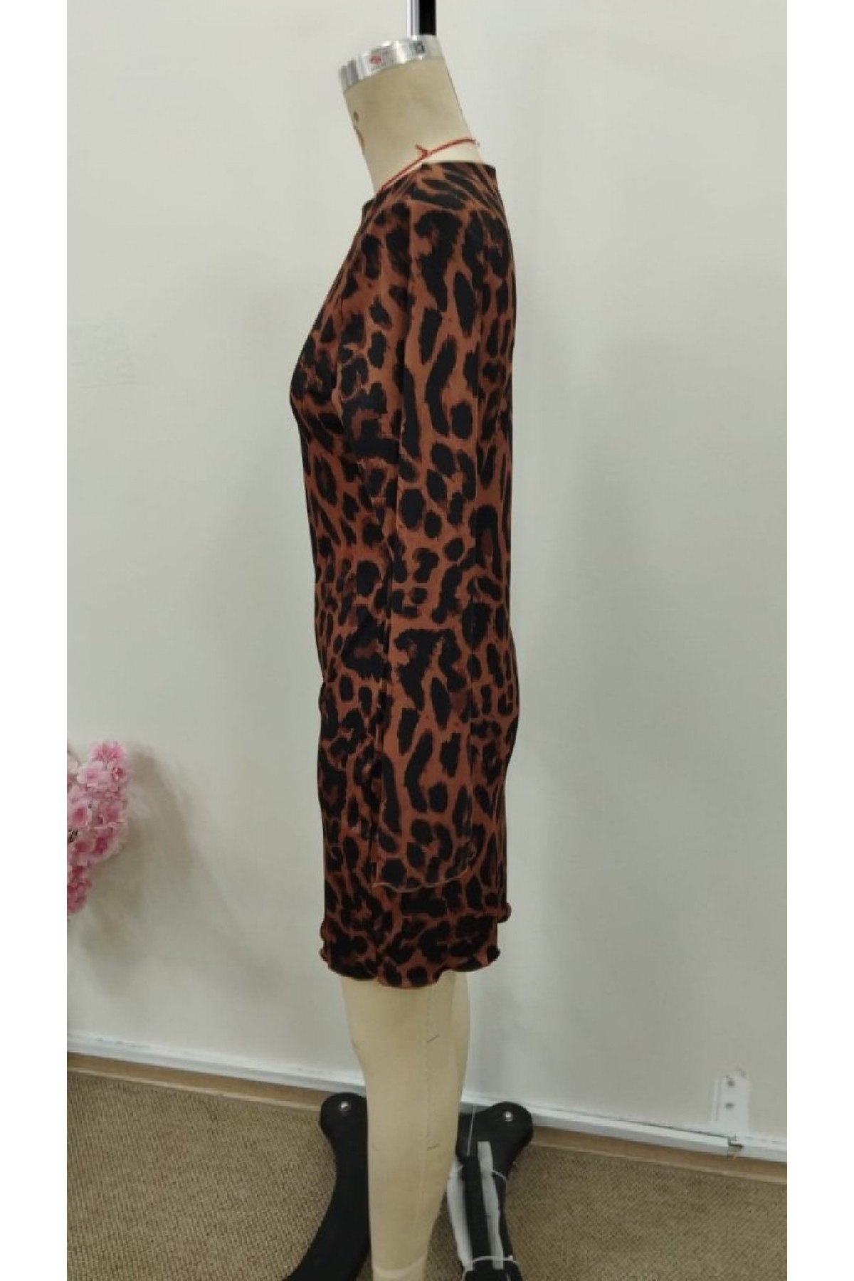 Kadın Uzun Kollu Bisiklet Yaka Leopar Desenli Dalgıç Mini Elbise , 30967