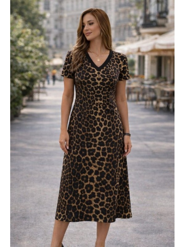 Kadın Kısa Kollu V Yakalı Leopar Desenli Kısa Süprem Elbise , 33177