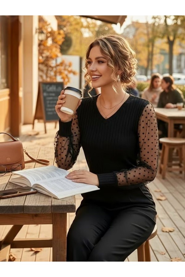Kadın Uzun Kollu V Yakalı Kolları Puantıiye Tül Detaylı Kaşkorse Bluz, 39262