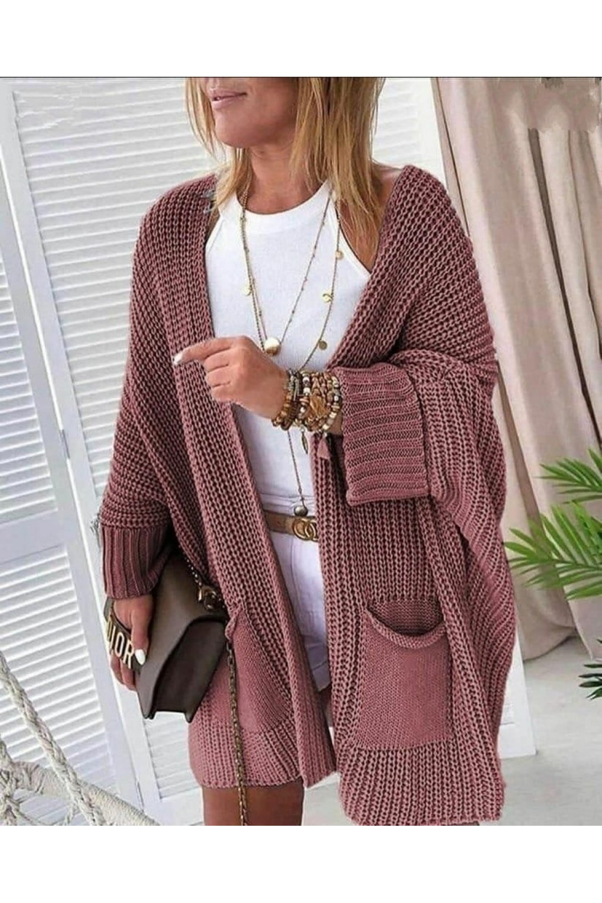 Kadın Oversize Kalıp Cep Detay Salaş Triko Hırka, 29100