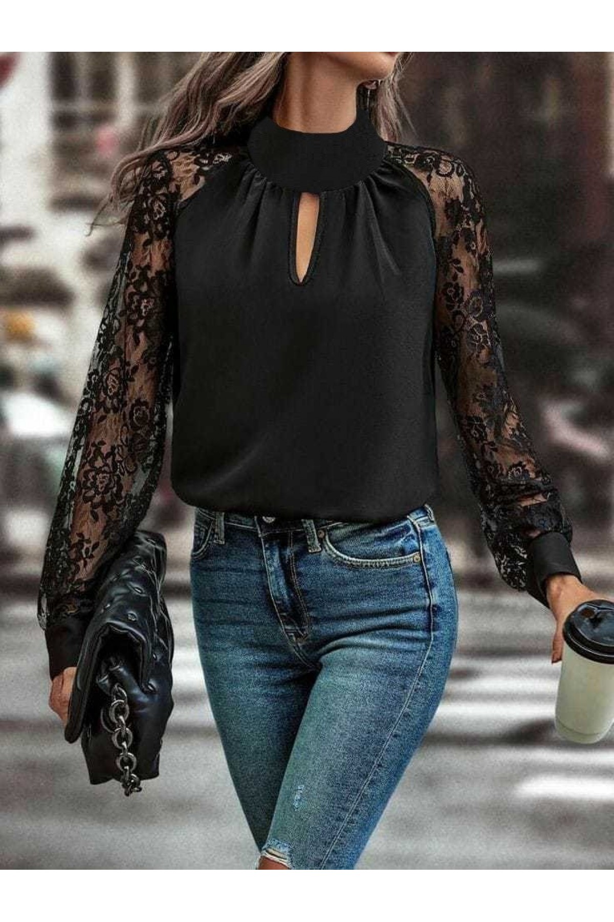 Women's Long Sleeve Chest Window Detail Collar Turtleneck Tulle Sleeves Sandy Blouse, 13878