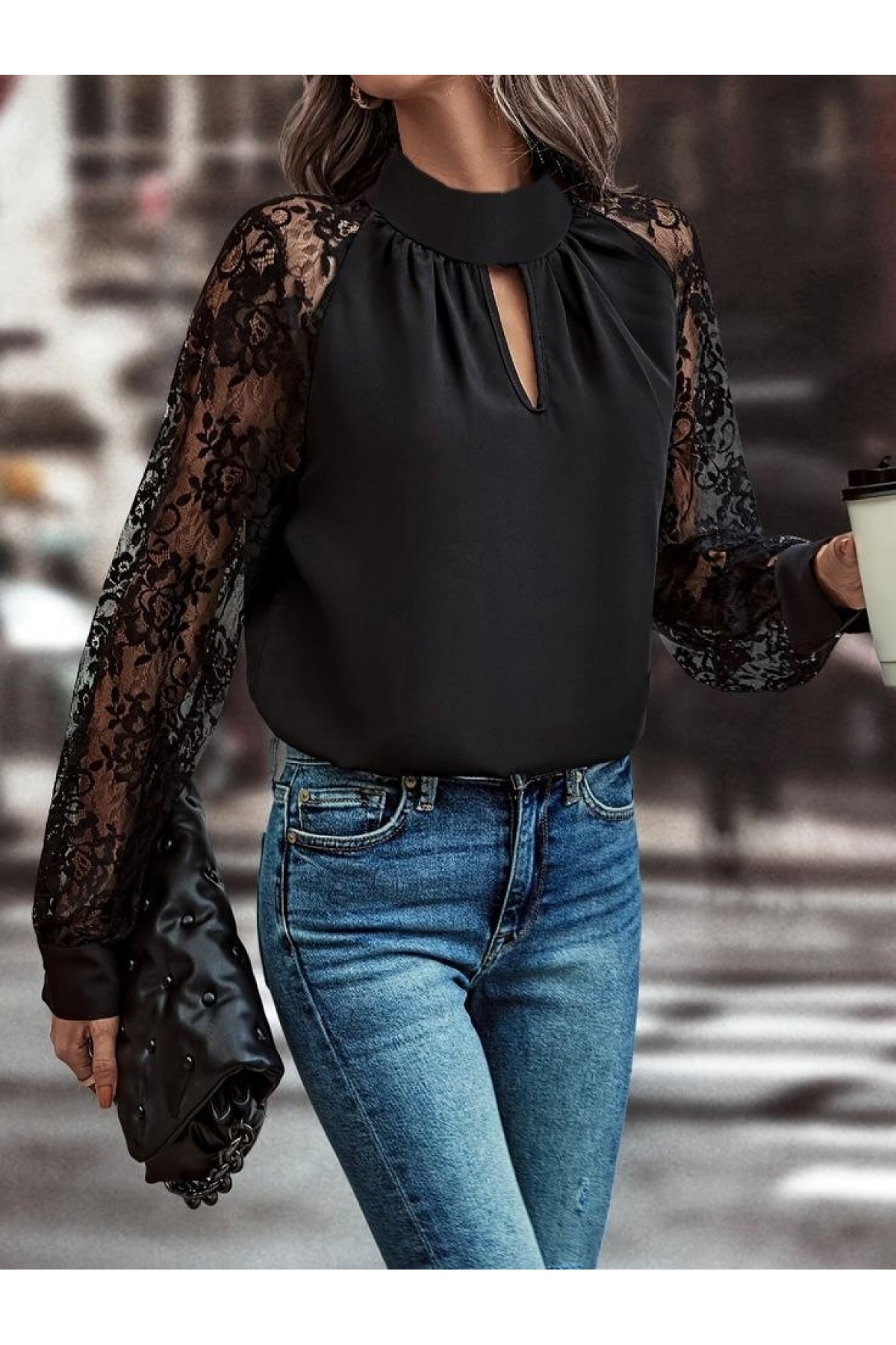 Women's Long Sleeve Chest Window Detail Collar Turtleneck Tulle Sleeves Sandy Blouse, 13878